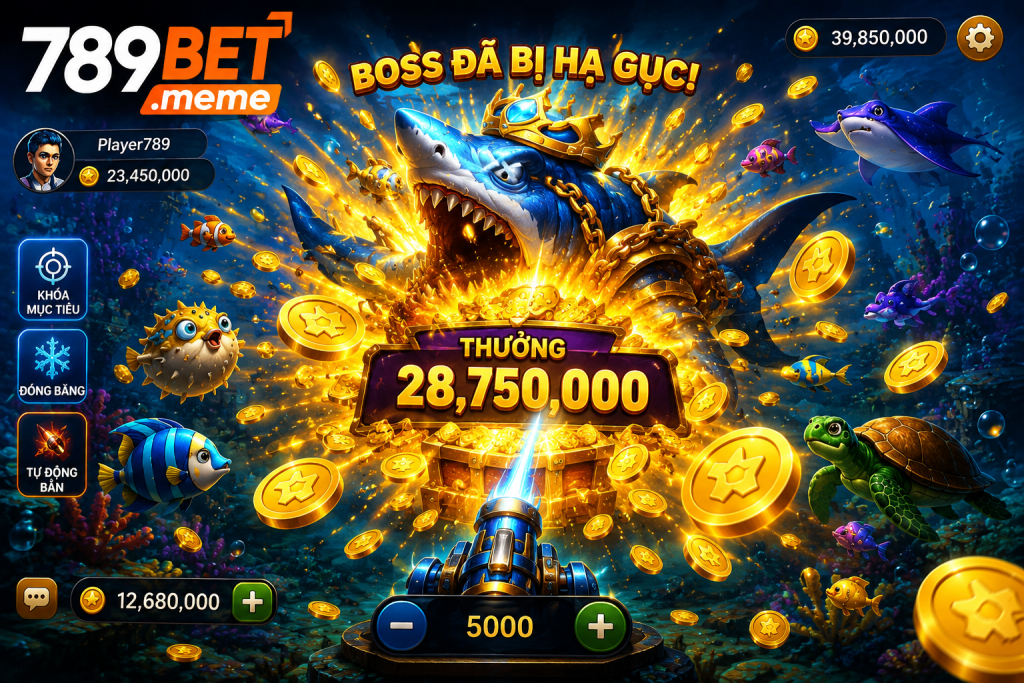 Boss Đại Dương bị hạ gục với hiệu ứng xu vàng bùng nổ và phần thưởng xuất hiện trên màn hình.