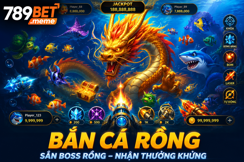 Giao diện Bắn Cá Rồng với Boss Rồng khổng lồ xuất hiện giữa đại dương.