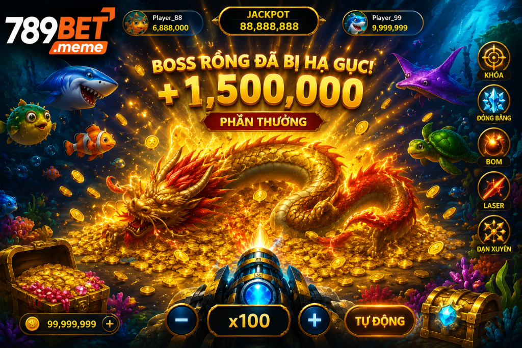 Boss Rồng bị hạ gục với hiệu ứng vàng và phần thưởng xuất hiện trên màn hình.