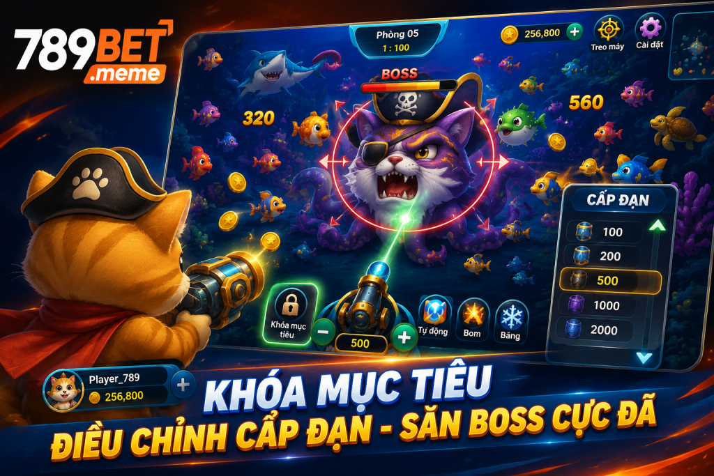 Người chơi khóa mục tiêu và điều chỉnh cấp đạn để săn Boss trong Mèo Bắt Cá.